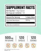BulkSupplements.com Egg Shell Membrane Capsules - Collagen Supplement, Dairy-Free & Gluten Free - 1 Capsule per Serving (500mg), 120 Count (Pack of 1)