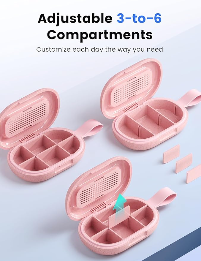 Travel Pill Organizer, Adjustable 3-6 Compartments Portable Pill Box, Small Pill Case Daily Medicine Container Moisture Proof Storage to Hold Vitamin Fish Oil Supplement for Pocket Purse-Pink