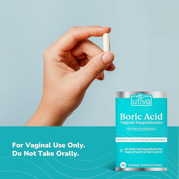 Szio+ Utiva Boric Acid Suppositories for Women - pH Balance - Feminine Care - 600mg Boric Acid to Lower pH and Support Vaginal Health, BV Treatment for Women, 30 Vaginal Suppositories