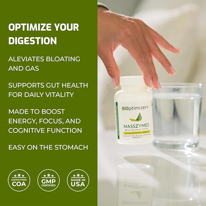 BiOptimizers MassZymes - Complete Digestive Enzymes Supplement for Gut Health - Bloating Relief for Men and Women - Lipase Amylase Bromelain Digestive Enzymes (250 Capsules)