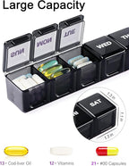 BUG HULL Weekly Pill Organizer Large 2 Packs, Extra Large Travel Pill Organizers, Pill Box 7 Day, Travel Pill Case, Medicine Pill Organizer for Vitamins, Supplements and Medications (Black+White)