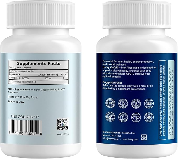 Heivy Coenzyme Q10, 99% Purity CoQ10 200mg, CO Q 10 Supplement Support Heart Health, Antioxidants & Energy Supplements, Made in USA, 60 Vegan Capsules