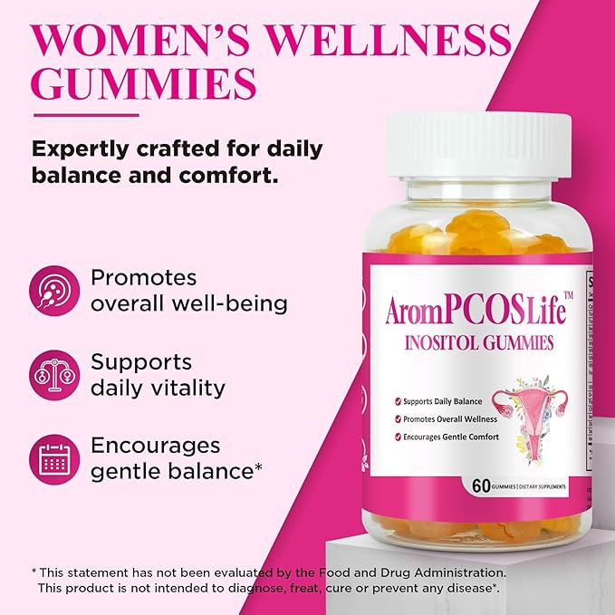 AromPCOSLife Inositol Gummies for Women, 60 Count, Myo-Inositol Supplement with Folate & Vitamins B6 & B12, Supports Daily Wellness, Orange Flavor