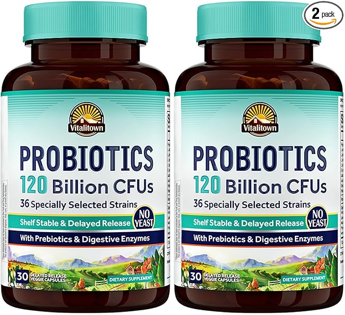 Vitalitown Probiotics 120 Billion CFUs | 36 Strains, with Prebiotics & Digestive Enzymes for Men Women | Shelf Stable | Digestive & Immune Support | Vegan | 60 Delayed Release Veg Caps