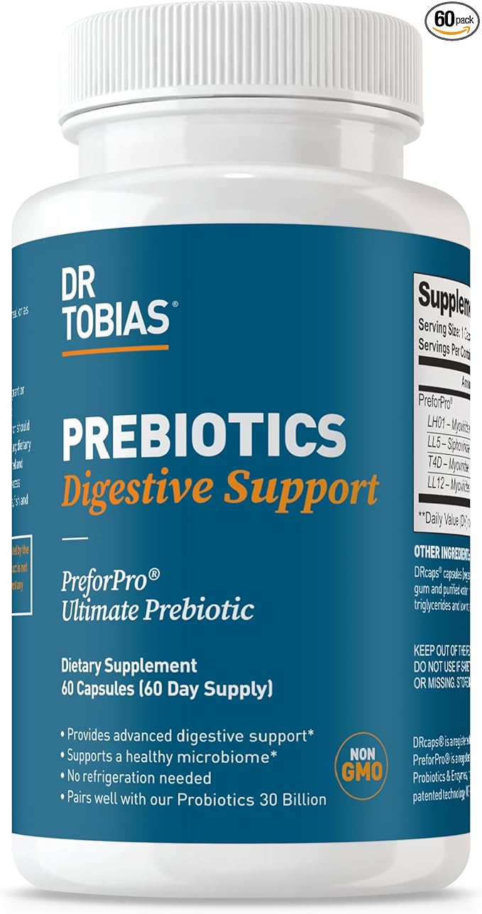 Dr. Tobias Prebiotics Digestive Support, Advanced Prebiotic Supplement for Gut Health, Immune Function & Boost for Probiotics for Women & Men, Vegan, Non-GMO, 60 Capsules, 60 Servings