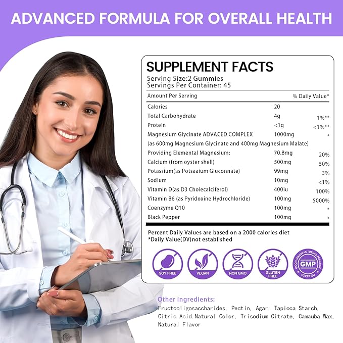 Magnesium Glycinate Gummies 1000mg, High Absorption Sugar Free Magnesium Potassium Supplement for Relaxation, Stress Relief, and Sleep Support for Adults & Kids - 180 Blueberry Gummies