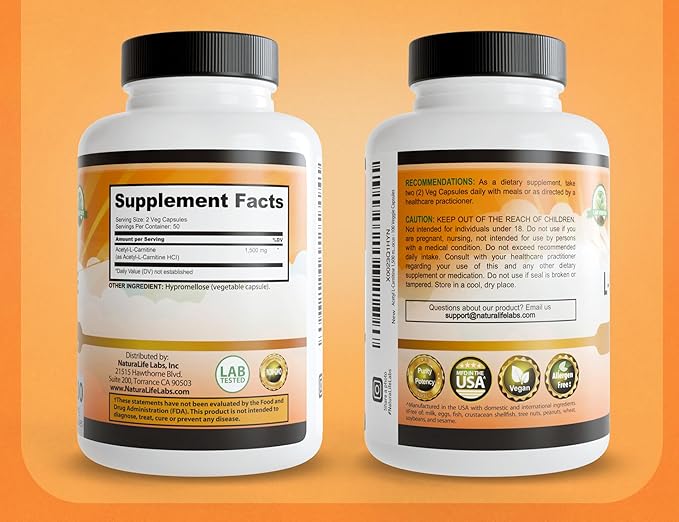 NaturaLife Labs Acetyl L-Carnitine (ALCAR) 1500 mg per Serving – 100 Capsules – Non-GMO, Gluten-Free, Vegan (2 Pack)