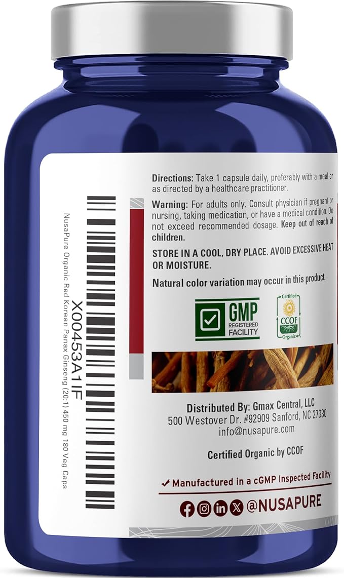 NusaPure Red Korean Panax Ginseng Capsules, 450 mg, 180 Veg Capsules (Non-GMO, USDA, Vegan)
