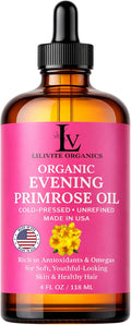 Evening Primrose Oil – 100% Pure, Cold-Pressed & Unrefined, Organic Evening Primrose Oil, Rich in Natural Fatty Acids & Antioxidants – for Skin, Hair, Massage & Carrier Oil, 4 fl oz Glass Bottle
