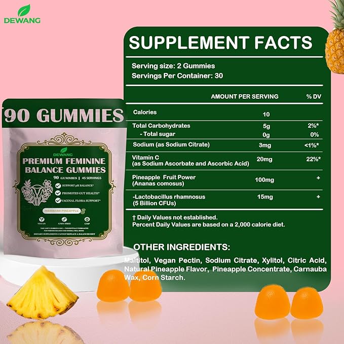 DEWANG Premium Feminine Balance Gummies for Women’s - Immune Support& PH Balance - Vegan, Gluten-Free - Grapes Flavor, 90 Count 45 Servings (Pineapple)