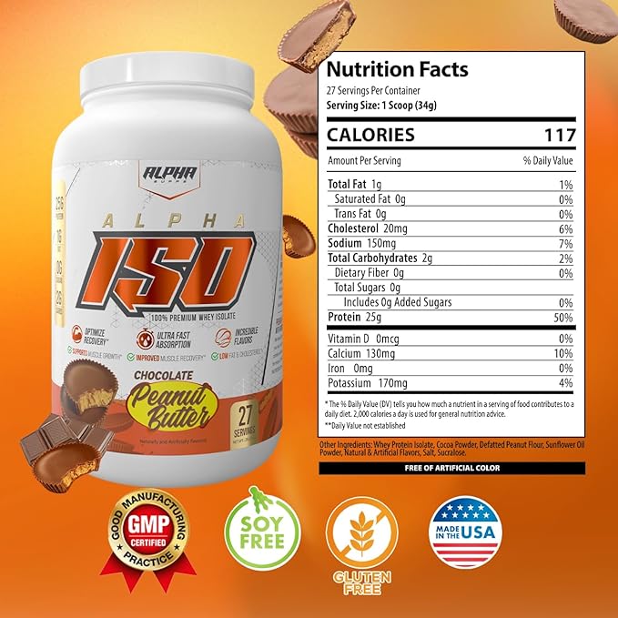 Alpha Supps ISO, Low Carb 100% Whey Protein Isolate Powder, 25 Grams Per Serving, Helps Support Muscle Growth, Low Sugar and Gluten Free (Chocolate Peanut Butter, 2 lb)