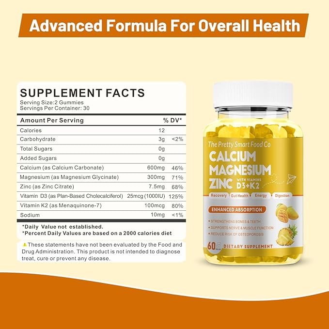 Calcium Magnesium Zinc Gummies with Vitamin D3 & K2 for Bone, Muscle & Immune Support - High Potency Enhanced Absorption - 60 Mango Pineapple Gummies
