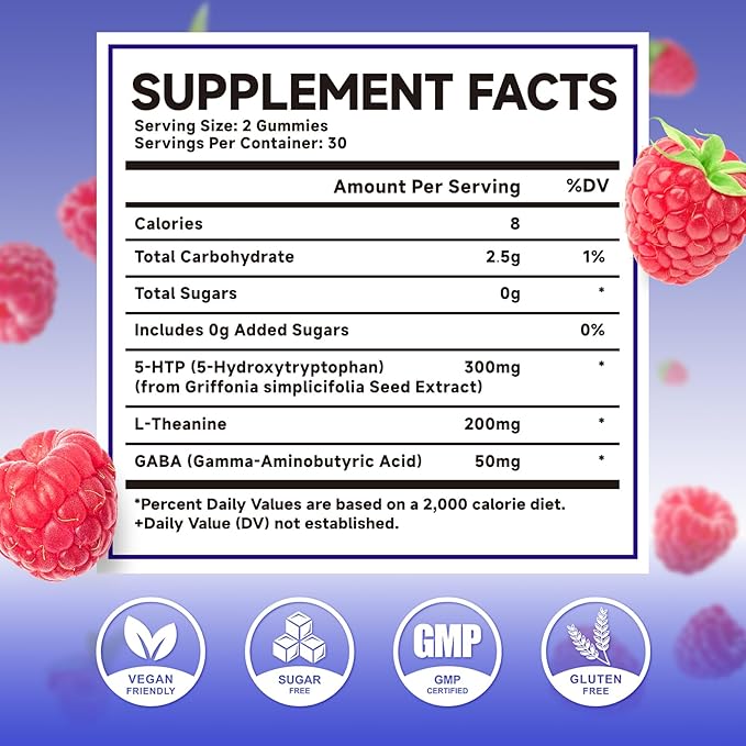 2 Pack 5-HTP Gummies 300mg, 5-HTP Supplement with 200mg L-Theanine & 50mg GABA, GABA Supplements for Adults, Sugar Free, Raspberry Flavor, 120 Count