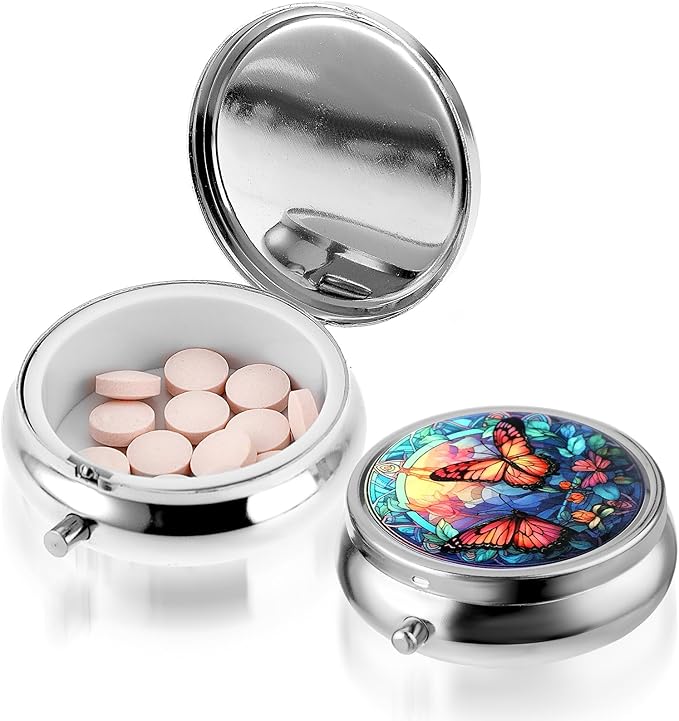 WLLHYF Pill Box Cute Small Pill Box for Purse & Pocket Medicine Organizer Travel Pillbox Waterproof Pill Case Metal Pill Container Holder for Vitamins, Fish Oil, Supplements (Silver Butterfly)