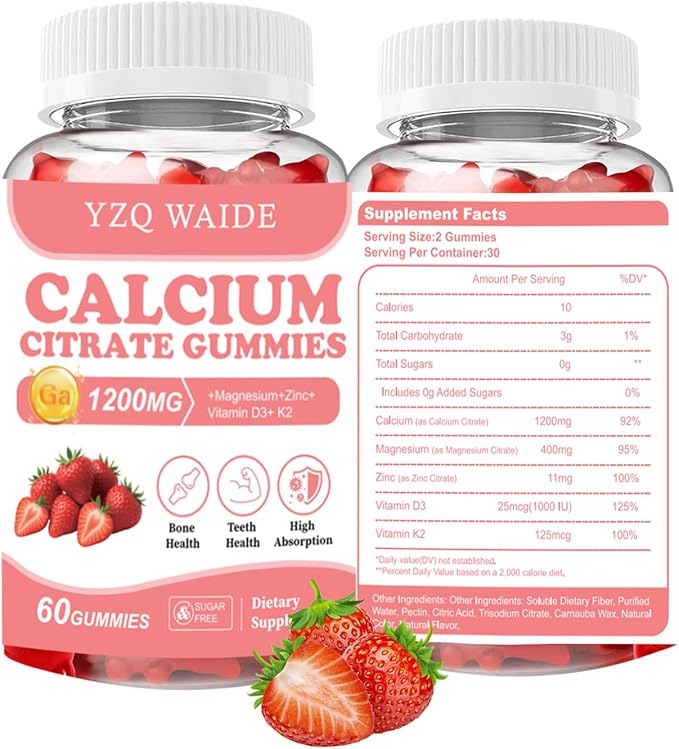 Calcium Citrate Gummies 1200mg with Vitamin D3 + K2, Magnesium, Zinc, Chewable Calcium Supplement for Women & Men, Bone Healthy, Sugar Free, Non-GMO, Gluten Free, Strawberry Flavor 60 Count