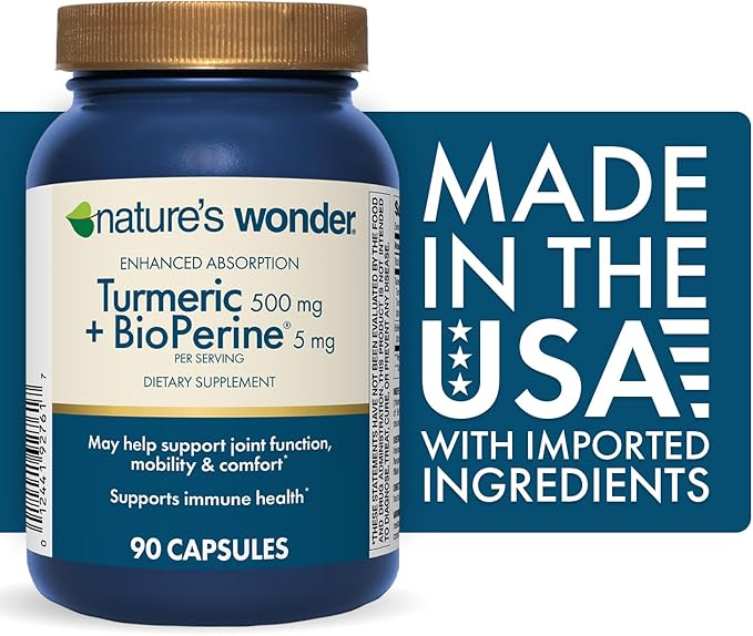 Nature's Wonder Turmeric Supplement with BioPerine - Enhanced Absorption Turmeric Complex 500mg with BioPerine 5mg for Joint Function, Mobility, and Comfort, 90 Vegetarian Turmeric Capsules