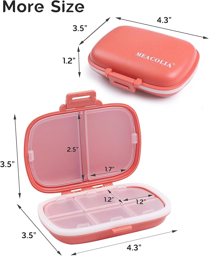 MEACOLIA 2 Pack 8 Compartments Travel Pill Organizer Box Moisture Proof Small Pill Case for Pocket Purse Daily Pill Holder Container for Medicine Vitamin (Dark Blue & Red)