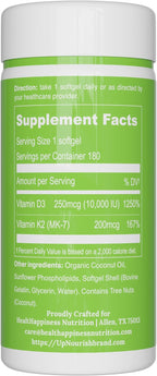 UpNourish Liposomal D3 K2 Vitamin 10000 IU D3 and K2 MK-7 200 mcg - 180 Vitamin D3 k2 (Vitamina D3 con K2) Mini Softgels - Easy to Swallow K2 D3 Vitamin