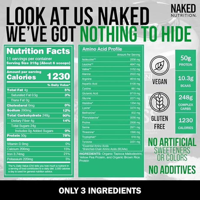 NAKED Vegan Mass - Natural Vegan Weight Gainer Protein Powder - 1,230 Calories, NSF Certified, Non-GMO, Soy & Gluten Free, No Artificial Ingredients - 8LB Bulk - 11 Servings