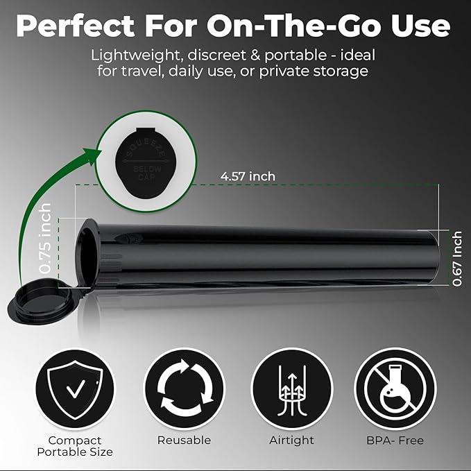 Kopperko Small Pill Tube (116mm, 4.6 Inch 500-Pack) | Child Resistant Small Medicine Container | Tube Food Container for Spices | Airtight, UV Resistant & Waterproof (Black Plastic)