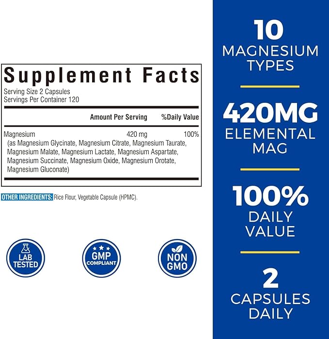 10 in 1 Magnesium Complex, 420mg Elemental Magnesium | Ultra Strength, Max Absorption | Chelated Magnesium Supplement for Nerves, Bone & Heart Health | Non-GMO, 240 Vegan Capsules