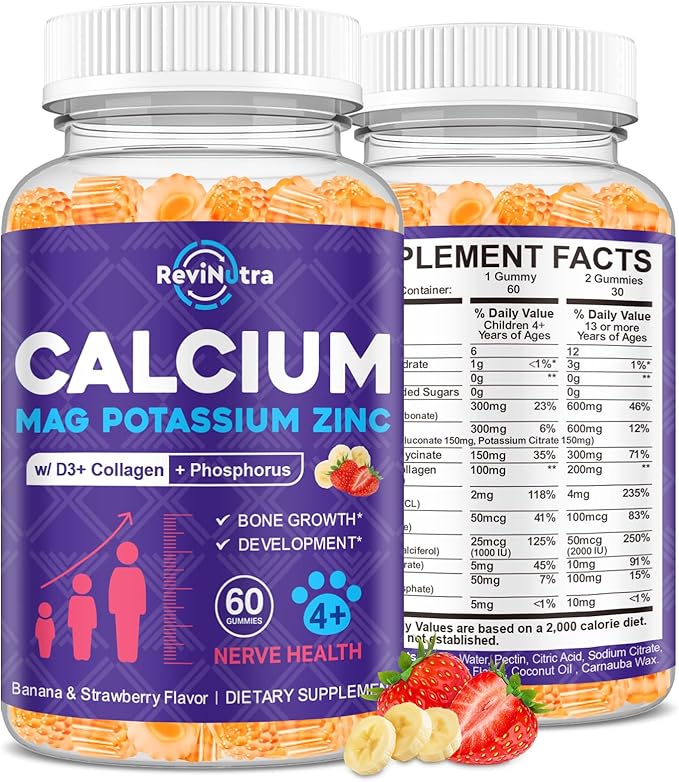 Calcium Potassium Magnesium Gummies for Kids & Adults, Magnesium Potassium Calcium Supplement for Kids, Sleep, Bone Strength, Density Support, Sugar Free, Juice Banana & Strawberry Flavor, 60 Gummies