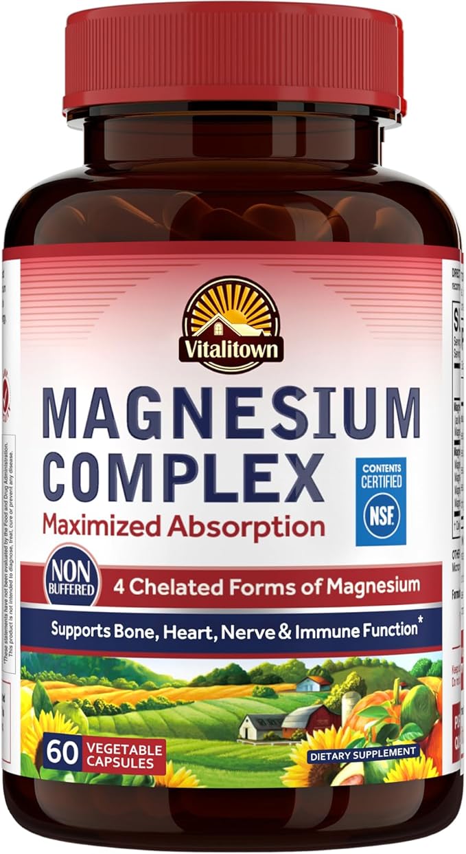 Vitalitown Magnesium Complex Supplement 500mg - NSF Certified Magnesium Glycinate, Malate, Taurate & Citrate - Chelated High Absorption & Gentle on Stomach - Vegan Non-GMO 60 Capsules
