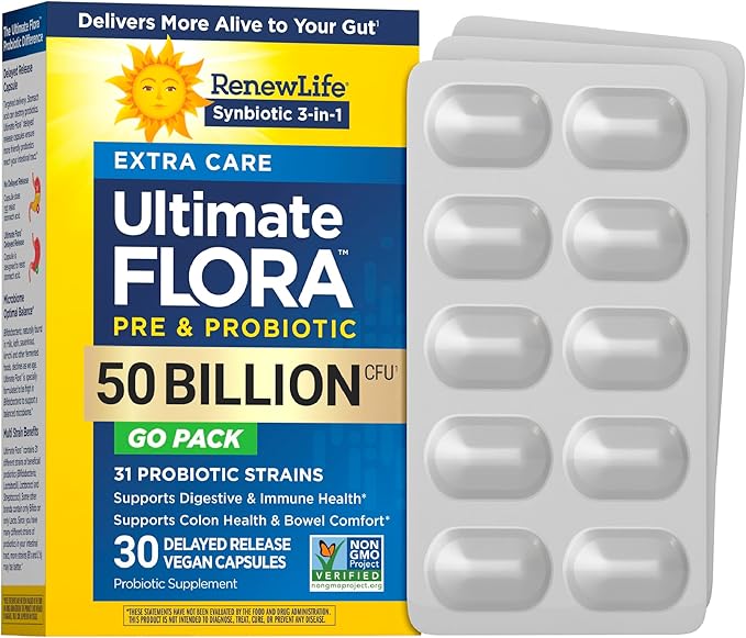 Renew Life Extra Care Go-Pack Probiotic Capsules, Daily Supplement Supports Immune, Digestive and Respiratory Health, L. Rhamnosus GG, Dairy, Soy and gluten-free, 50 Billion CFU, 30 Ct