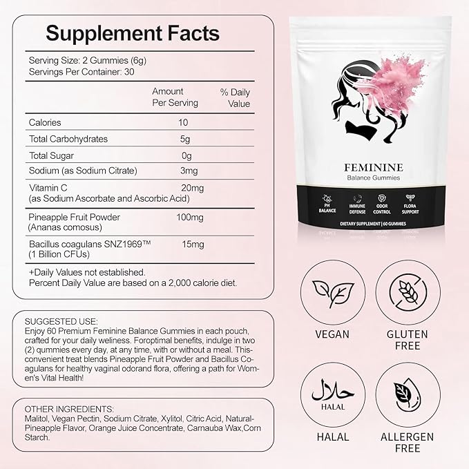 Feminine Balance Gummies, Premium Feminine Balance Gummies for Women’s, Vegan Hawaiian Pineapple, pH Balance, Healthy Odor, Flora and Immune Support, Vaginal Health Support, 60 Count (Pineapple)