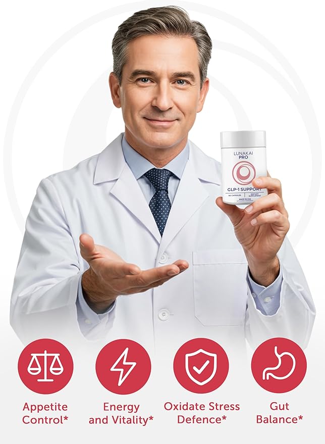 Lunakai PRO USA Made GLP-1 Supplement - Natural GLP 1 Support with Probiotics & Resveratrol – Supports Weight Management, Cravings & Metabolism, 60ct