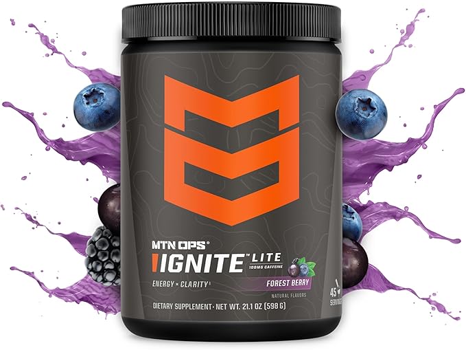 MTN OPS Ignite Lite Sugar Free Energy Drink Powder with 100mg Caffeine, Nootropic Blend for Energy & Focus, L Arginine & L Citrulline for Endurance, 45 Servings, Forest Berry