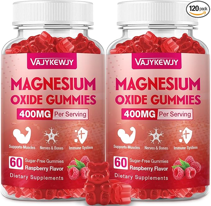 Magnesium Oxide Gummies 400mg for Adults & Kids – High Absorption Stress Relief, Muscle Relaxation – Vegan, Non-GMO, Raspberry Flavor – 120 Count
