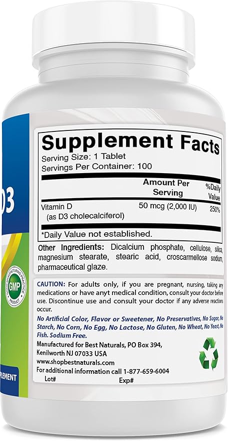 Best Naturals Vitamin D3 2000 IU (50 mcg) - 100 Tablets - 100 Days Supply - Helps Support Immune Health, Strong Bones and Teeth, & Muscle Function (100 Count (Pack of 3))