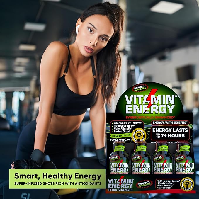 Vitamin Energy Workout+ Extra Strength Energy Shot Sour Apple 12 Pack, 260mg Natural Caffeine, Pre-Workout, B-Vitamins, Minerals, Endurance & Performance, Zero Sugar, Gluten-Free, Vegan, 1.93 fl oz