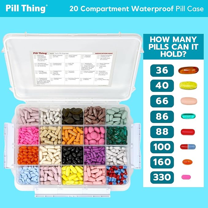 20 Compartment Large Pill Case with Airtight Seal - Silicone Gasket Waterproof Med Box with Medication Map (Clear, 1 Pack)