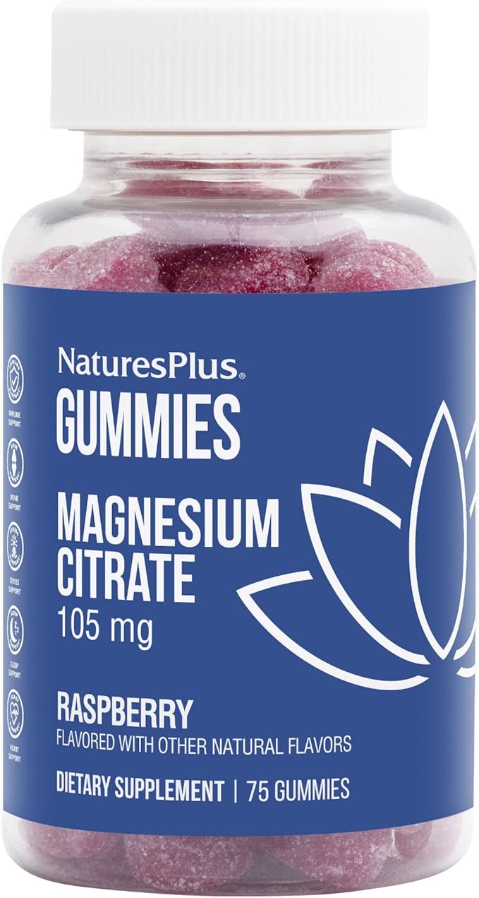 NaturesPlus Gummies Magnesium Citrate - 75 Gummies, Raspberry - Helps Calm the Mind & Body, Supports Bone Density - Vegetarian, Gluten Free, Non-GMO - 25 Servings