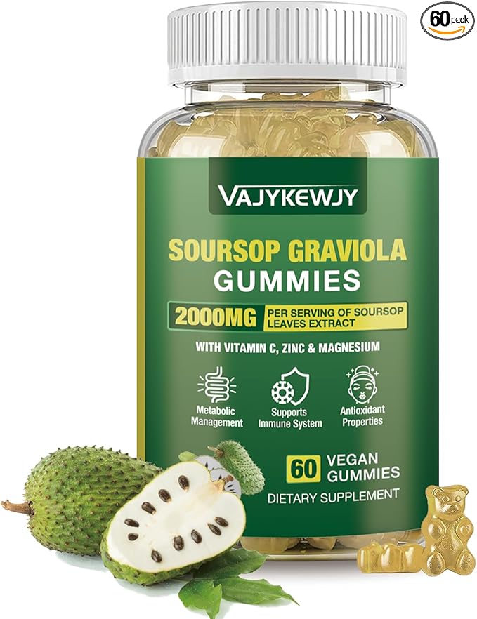 Soursop Graviola Gummies - 2000mg Extra Strength Soursop Leaves Extract, Vitamin C, Zinc & Whole Natural Food for Immunity, Vegan, 60 Gummies