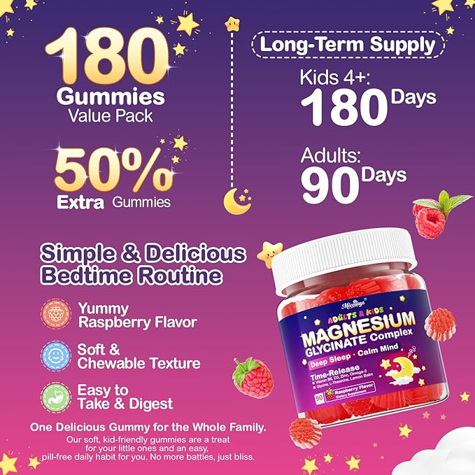 Magnesium Glycinate Gummies for Kids 4+ & Adults, 180 Counts No Melatonin Magnesium Gummies for Sleep & Calm, Sugar Free Vegan with Glycine, L-Theanine, B6, D3, Zinc & Omega 3 - Raspberry Flavor