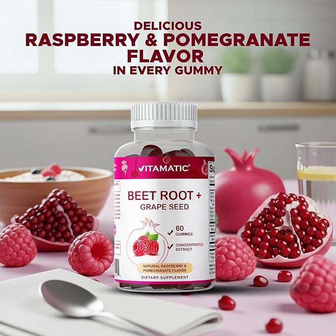 Vitamatic Beet Root Gummies with B6, B12, Grape Seed, Pomegranate & Nicotinamide – Plant-Based Extract – Vegan, Non-GMO – Botanical Supplement Gummies – 60 Count