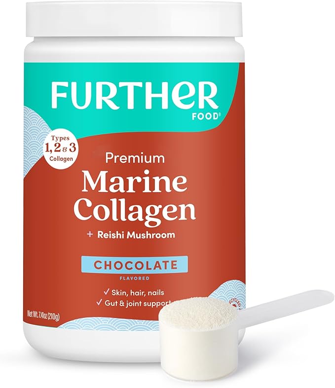 Further Food Chocolate Marine Collagen Peptides Powder with Reishi Mushroom, Wild-Caught Sustainably Sourced Fish, Hydrolyzed Type 1, 2 & 3, 7.41 Oz