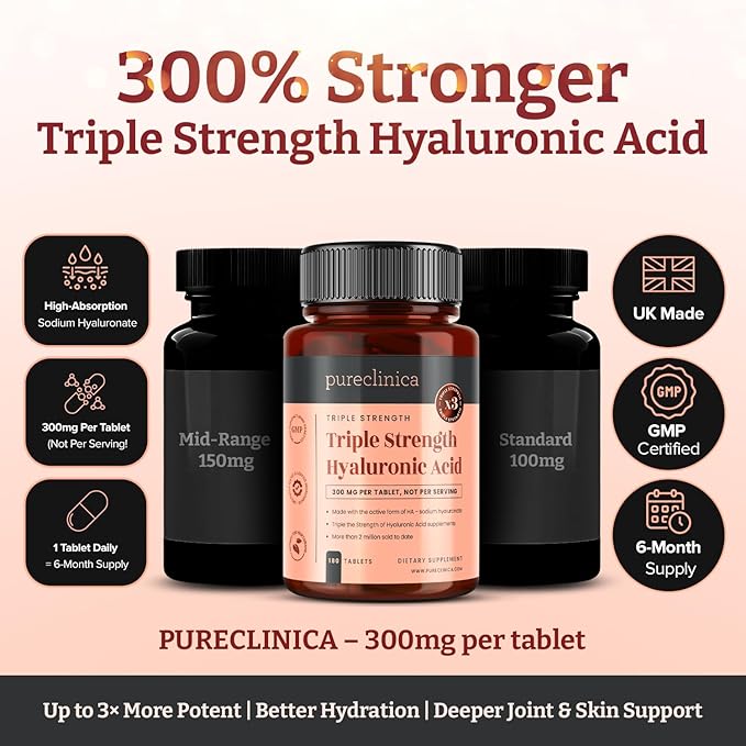 pureclinica Hyaluronic Acid 300mg x 1080 Tablets (6 Bottles of 180 Tablets - 3 Years Supply). Triple Strength Hyaluronic Acid. 300% Stronger Than Any Other HLA Tablet
