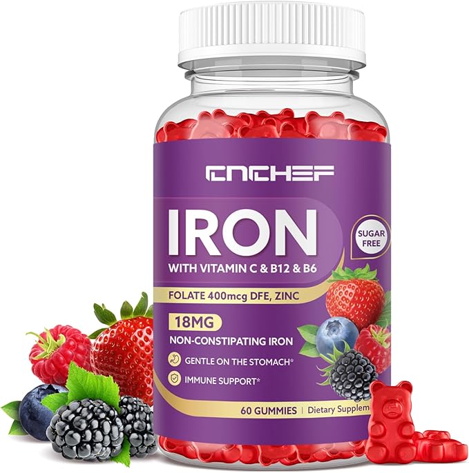 Iron Supplement for Women & Men Gummies, Multivitamin Blood Builder Iron Supplement with Folate Vitamin C B12 B6 Zinc for Adults & Kids - Energy Support - Mixed Berry Flavor, Vegan 60 Gummies