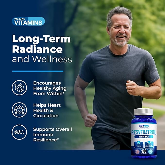 We Like Vitamins Resveratrol 1000mg per Serving - 180 Easy to Swallow Veggie Capsules - Natural Resveratrol Supplement 1000mg - Antioxidant Supplement Helps Support Anti-Aging and Immune System