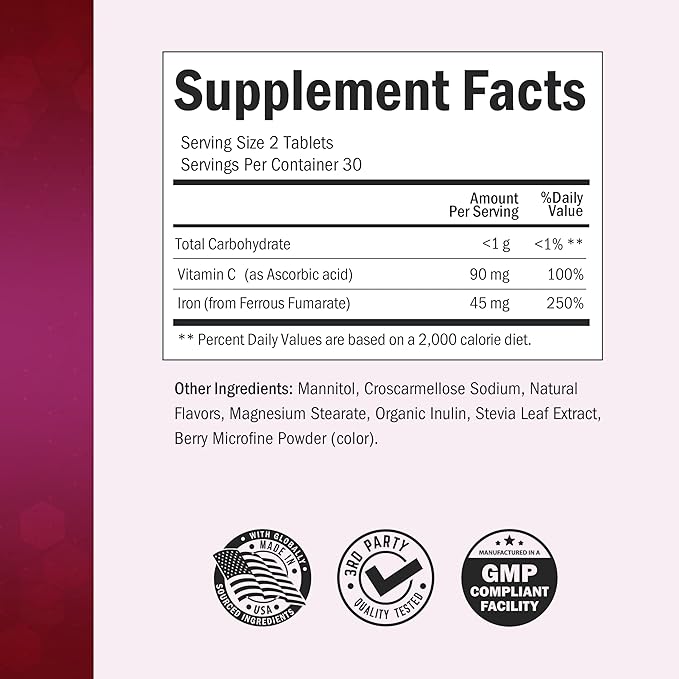 BioSchwartz Bariatric Vitamin C with Iron 45mg Chewable Tablets - 30 Servings, 60 Tablets - Sugar-Free, Fast-Dissolving Bariatric Iron Supplement for Women - Gentle on Stomach, Black Cherry Flavored