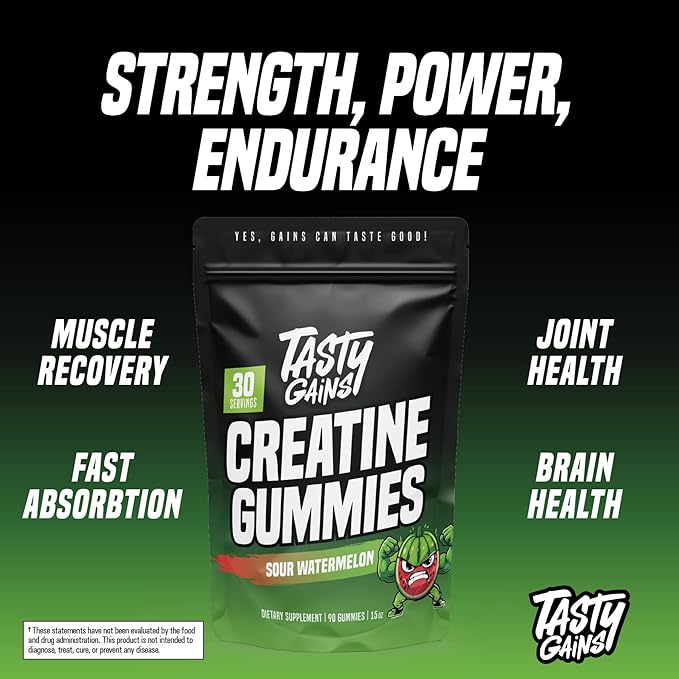 TASTY GAINS Creatine Gummies, 90g of Creatine, Non-GMO, Vegan - Build Muscle & Boost Strength for Men & Women (1g Creatine Monohydrate Per Gummy) Made in USA (90, Sour Watermelon)