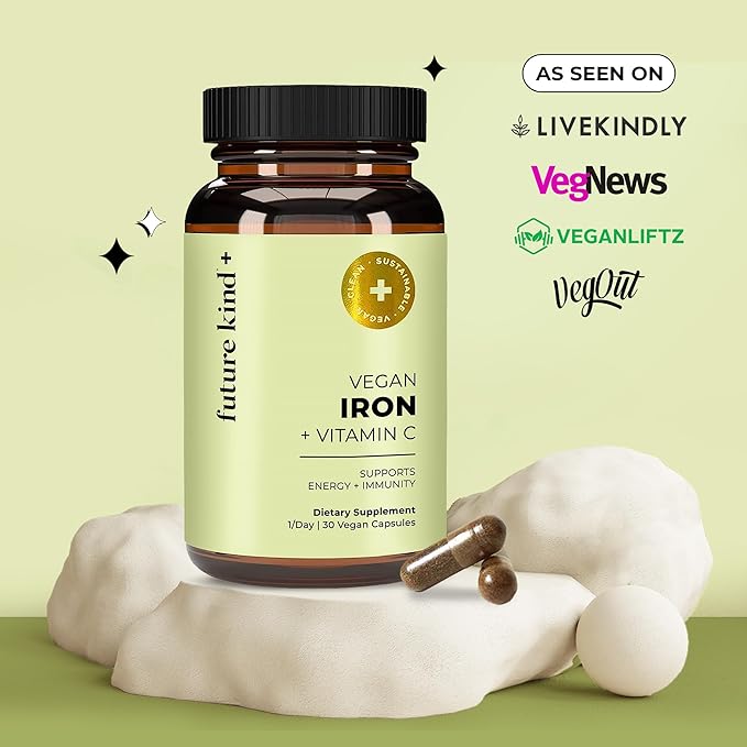 Future Kind Iron Supplement for Women and Men, Daily Energy & Focus, Chelated Iron Bisglycinate, 18mg 100% DV with Vitamin C for Absorption - Gentle on Stomach, Non-GMO Vegan Capsules, 30 Day Supply
