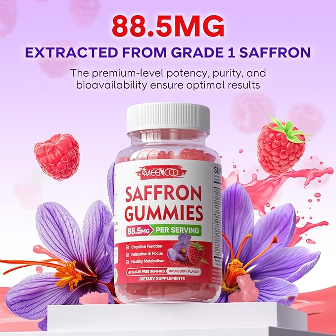 MEENCCD Saffron Gummies for Kids & Adults - Saffron Supplements with Magnesium, L-Theanine, Rhodiola, Sugar-Free, Raspberry Flavor, 60 Count