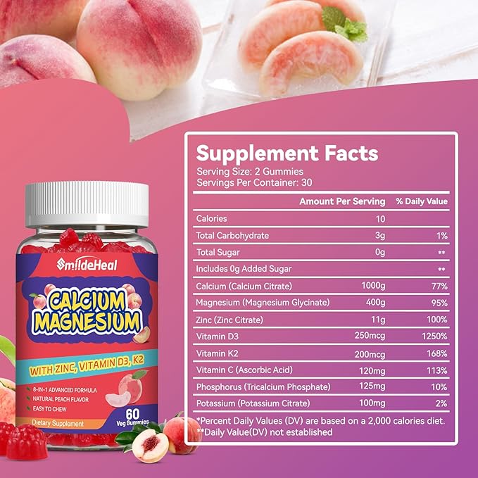 2 Pack Calcium Magnesium Gummies 600MG, Calcium Magnesium Zinc Gummies with Vitamin D3 - High Absorption Complex Calcium Supplement, Vegan, 120 Counts
