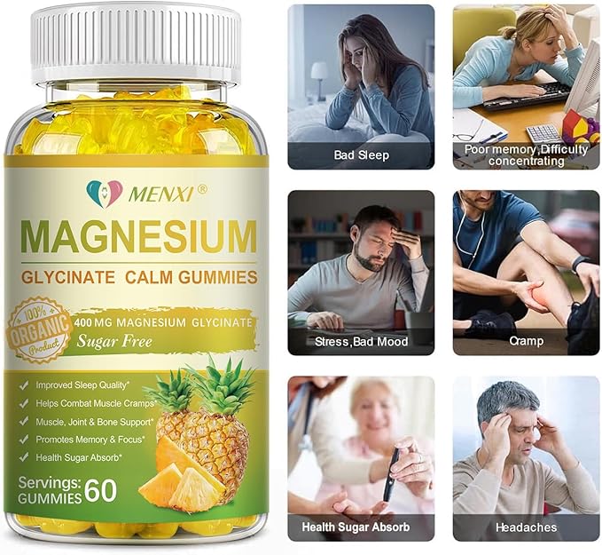 Magnesium Glycinate Gummies 400mg, Sugar Free Magnesium Taurate, Malate Supplement with Vitamin D, B6, CoQ10 for Relaxation, Stress Relief, Muscle, Bone & Sleep Support- 60 Pineapple Gummies