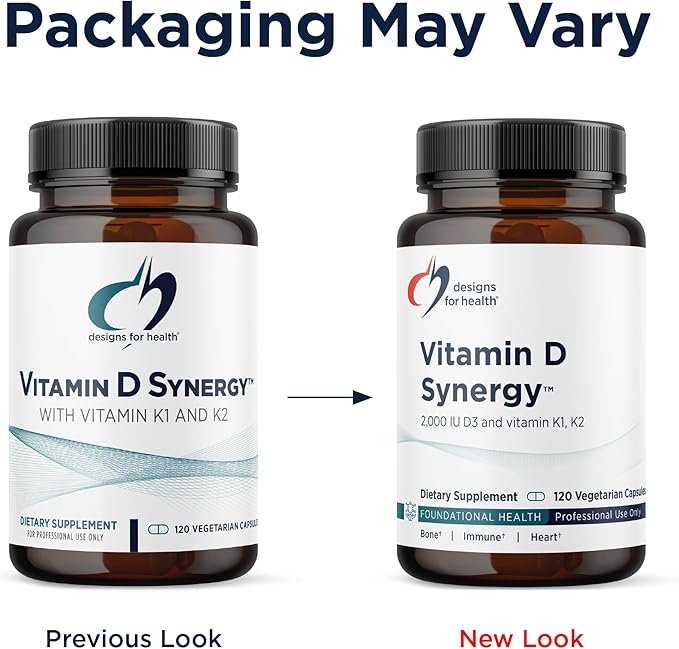 Designs for Health Vitamin D Synergy - 2000 IU Vitamin D with K Supplement - Supports Healthy Moods, Bone Health + Immune Health for Adults - VIT D3 + Vitamin K - Gluten Free + Non-GMO (120 Capsules)